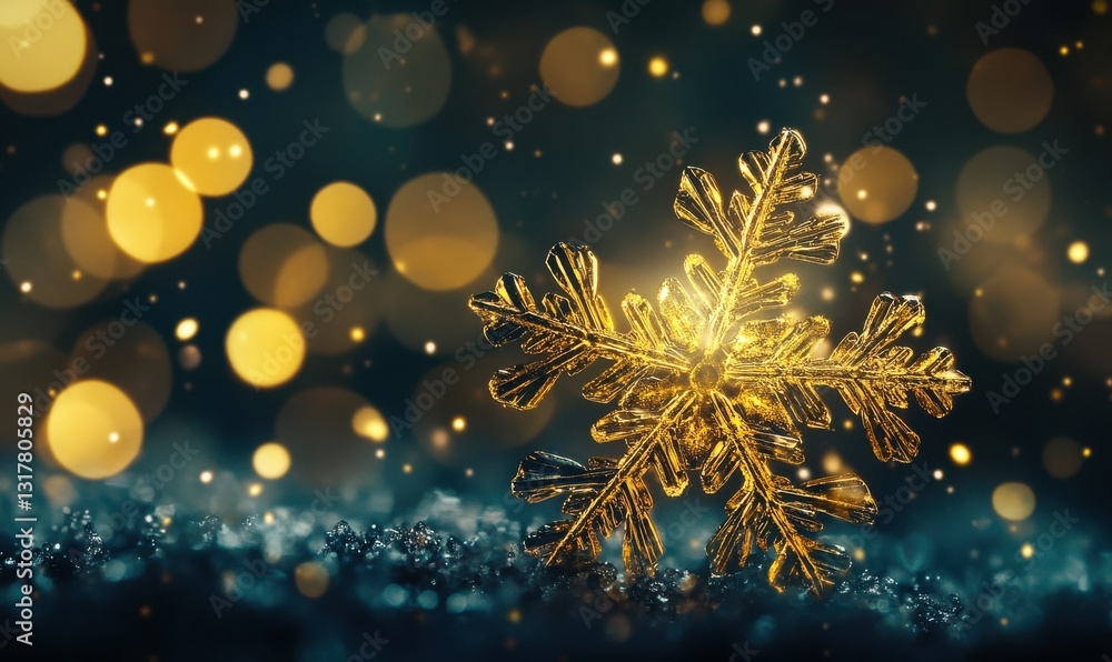 Aufkleber close-up of a delicate golden snowflake with intricate patterns, softly glowing against a dark blurr