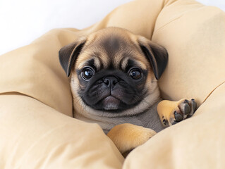 A fawn-colored pug puppy with a black mask rests comfortably in a tan-colored bed looking directly at the viewer.