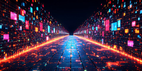 Obraz premium A digital corridor with glowing geometric shapes illuminated tiles and a vanishing point perspective against a dark background.