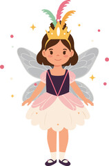 Fototapeta premium A joyful little girl dressed as a fairy with colorful wings and a crown in a playful flat vector illustration