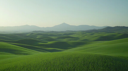 Fototapeta premium Rolling green hills stretch towards misty mountains under a soft hazy sky A peaceful verdant landscape.