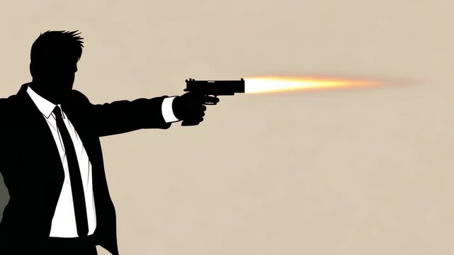 Chilling silhouette of a ruthless assassin aiming a gun for revenge in a contract killing.