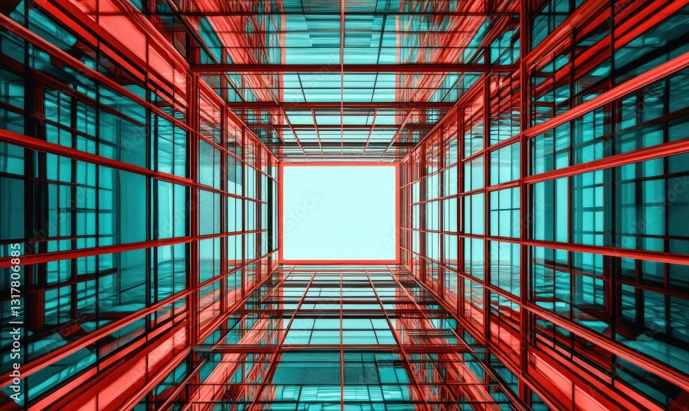 Aufkleber bold neon gridlines forming dynamic symmetrical patterns in shades of red and teal symbolizing advan