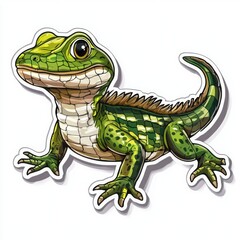 Obraz premium Adorable cartoon lizard, vibrant green and brown scales, perched playfully. A fun, whimsical illustration.