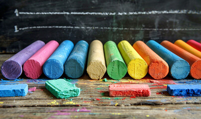 Row of Colorful Chalk Sticks on a Wooden Surface