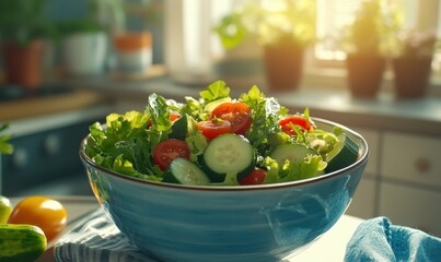 Bowl of fresh salad with greens, tomatoes, and cucumbers, vibrant colors enhanced by bright natural light creating a refreshing and healthy aesthetic