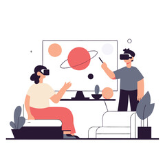 
Two people experiencing VR space exploration in a cozy living room setting. VR cosmos projection