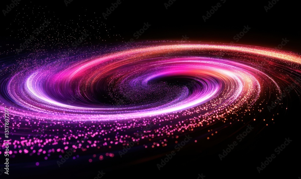 Poster cosmic abstract design with swirling purple and pink neon light, glowing particles creating a dynami