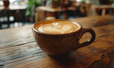 Artistic Latte Coffee in a Ceramic Cup on a Wooden Table