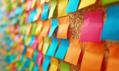 Assorted Sticky Notes in Various Colors on a Bulletin Board