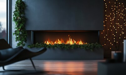 Elegant modern fireplace decorated with minimal holiday lights and greenery, warm orange flames glowing softly against a dark backdrop, cozy mood,