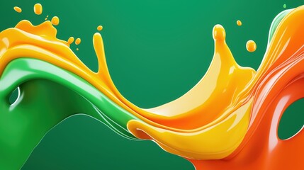 Vibrant flow of green and orange liquid splashes against a bold green background in a dynamic artful display