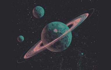 Pixelated Teal Planet with Pink Ring System in Dark Space