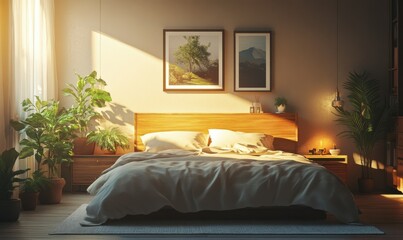 Cozy bedroom interior with a soft bedspread, wooden furniture, and potted plants adding a natural touch, warm ambient light creating a serene atmosphere,