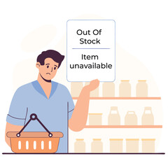 
Disappointed Customer Faces Out-of-Stock Item.Sold-out, Out-of-stock red stamp banner sign set. Web or supermarket product Vector illustration.
