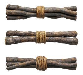 Natural Wooden Sticks Bundle Tied with Jute Rope in Rustic Style Traditional Forest Collection Set Isolated on Transparent and White Background