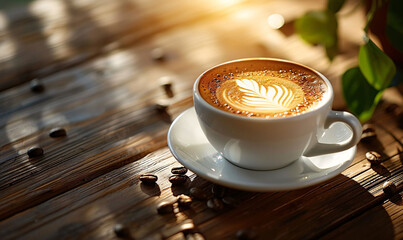 White Cup of Gourmet Coffee with Latte Art on a Rustic Table
