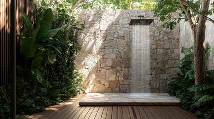 A modern outdoor shower with a stone wall and wooden deck.
