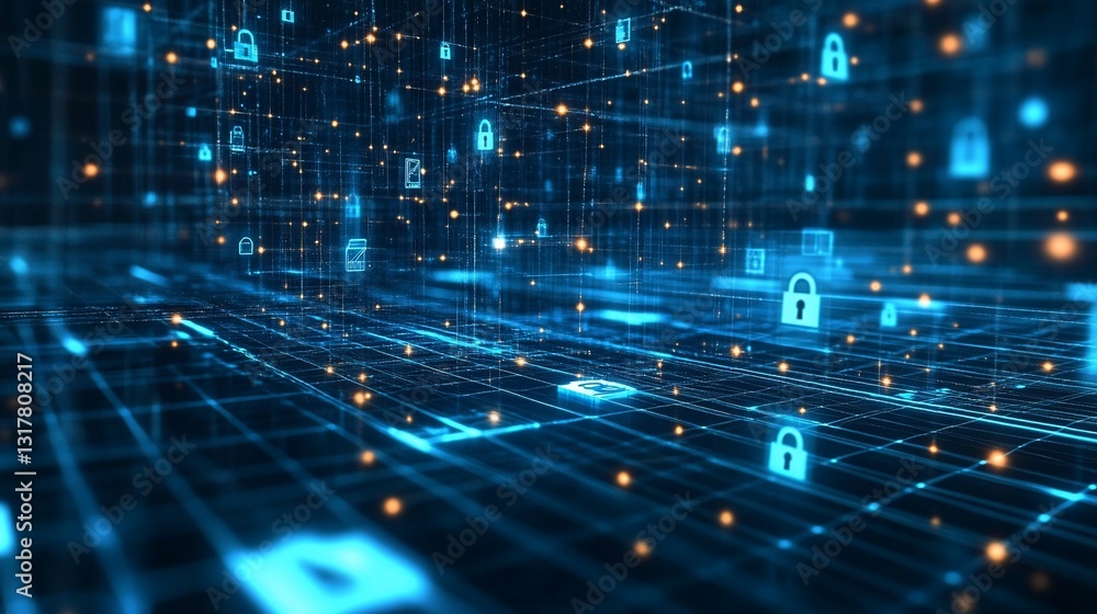 Poster digital security network abstract visualization: cybersecurity data flow and protection