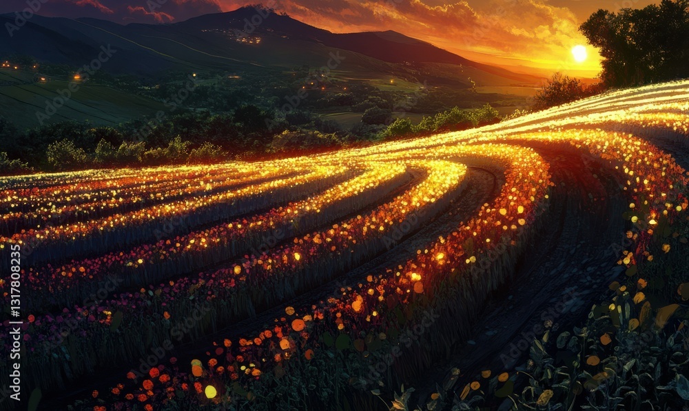 Poster sunset over a field with illuminated rows of crops.