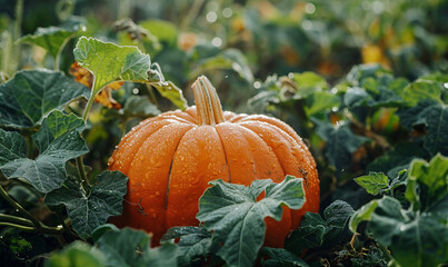 Ripe Pumpkin in a Garden Patch with Dewy Leaves