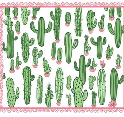 Cactus pattern, green lines on a white background, with a pink border. 