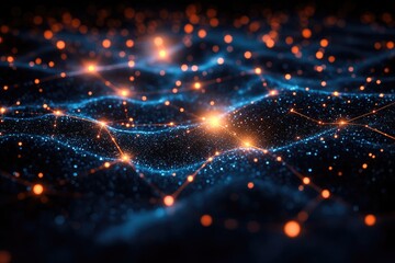 Obraz premium Abstract digital network, vibrant orange and blue glowing points, dark background, complex wave patterns, futuristic technology, intricate connections, abstract art, 3d rendering