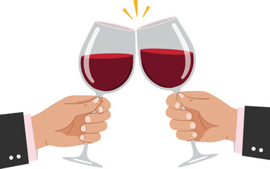 Two hands clinking glasses of red wine in a minimal flat design style celebrating a joyful occasion in vector art