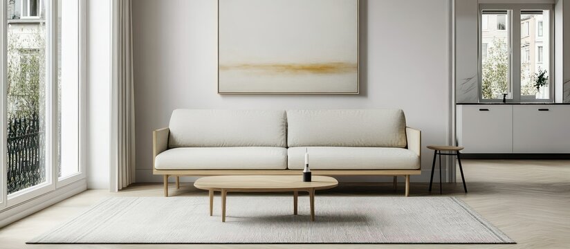 Modern living room with stylish furniture and cozy armchair