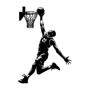 Basketball Player With A Dunk, Black And White Basketball Silhouette