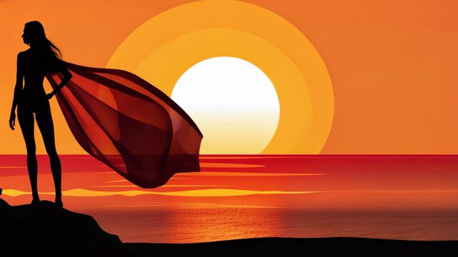 Serene scene of a girl in a pareo on the beach meeting the sunrise and basking in morning warmth.