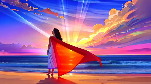 Serene scene of a girl in a pareo on the beach meeting the sunrise and basking in morning warmth.