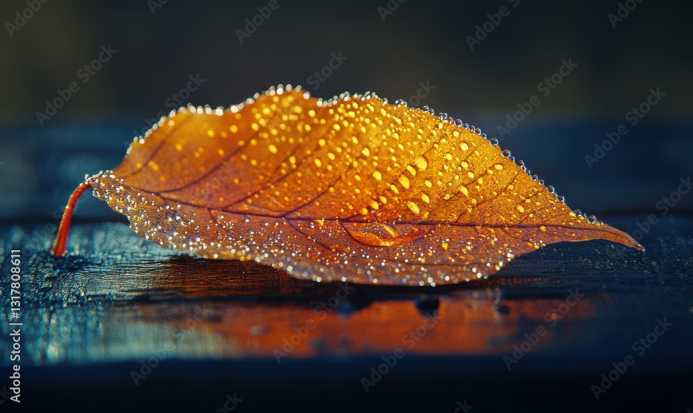 Poster close-up of a colorful autumn leaf covered in sparkling dew drops placed on a dark wooden surface il