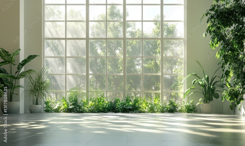 Aufkleber minimalistic view of a modern room with large windows, light streaming through and soft greenery sur