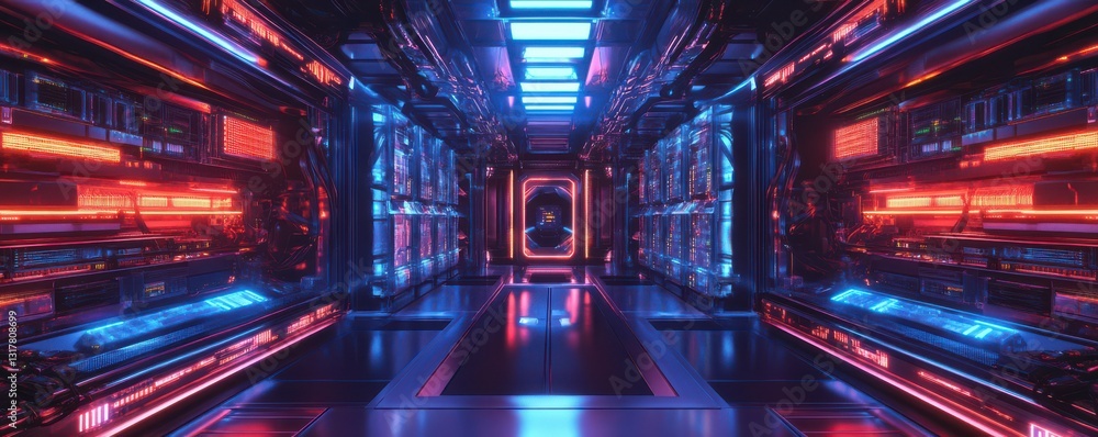 Poster vibrant, futuristic data center featuring advanced server cooling systems with rgb lighting. highlig