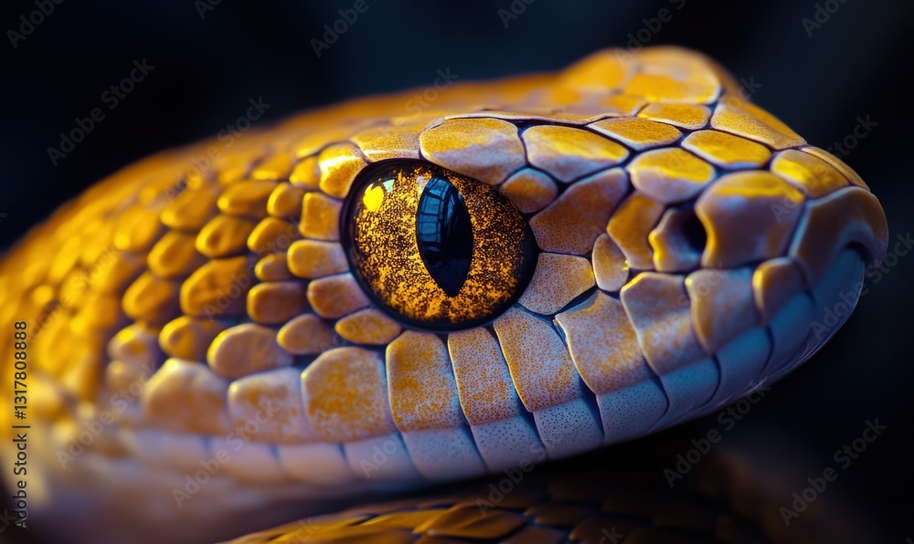 Poster close-up of a snake's eye and scales illuminated by gradient lighting emphasizing texture and intens