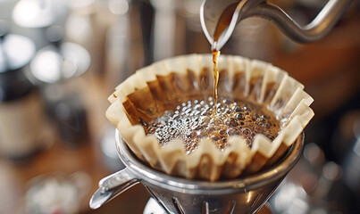 Artisan barista pouring fresh coffee using a pour-over method