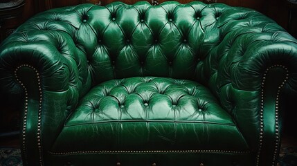 Luxurious emerald green leather tufted armchair in a classic room