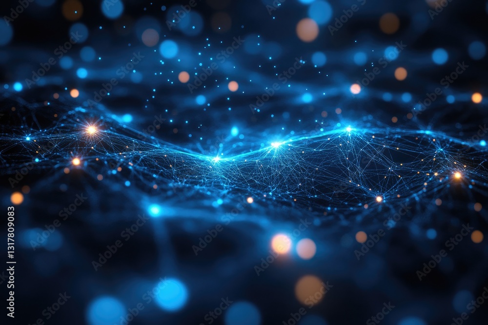 Aufkleber abstract digital network design with glowing blue and orange particles, creating a wavy pattern agai