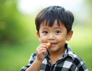 Portrait of cute 2 year old asian boy snacking, black hair, black eyes, green nature background. Kid eats in garden, looks at camera, childhood learning, happy family fun concept.