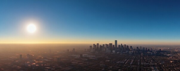 Panoramic view of the urban skyline under a setting sun