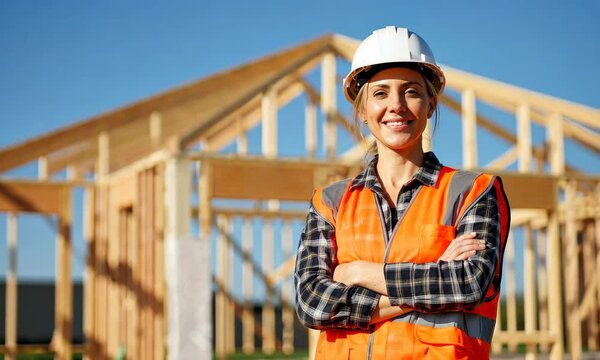 Smiling female construction worker in safety gear on building site