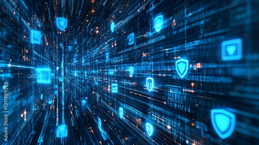 Poster cybersecurity digital data stream: abstract visualization of protected information flowing through a