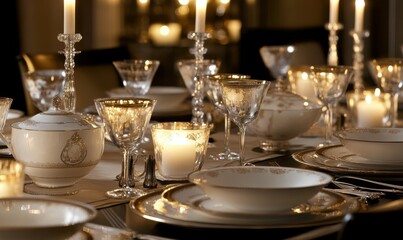 Elegant dining table set with fine china and glowing candles, softly illuminated to create a warm and sophisticated ambiance