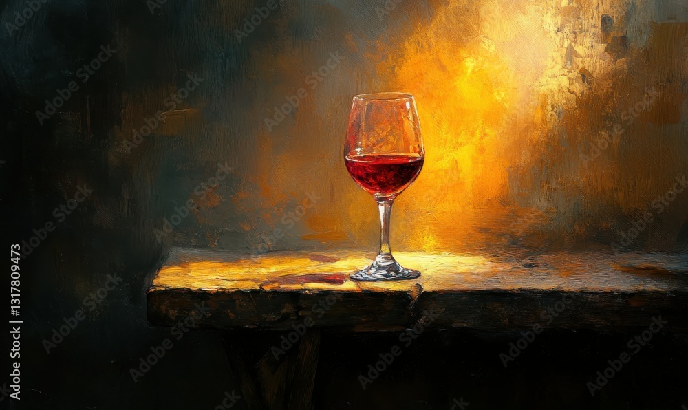 Poster elegant wine glass with a soft red hue resting on a rustic table illuminated by glowing light, evoki