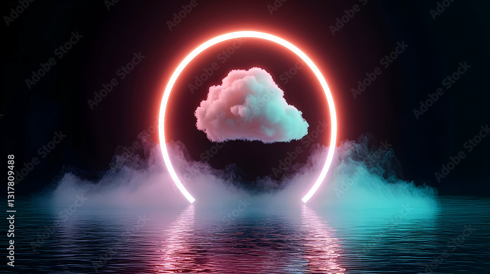 Poster a 3d rendered white pixelated cloud floats within a glowing neon pink circle above a reflective surf