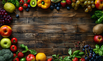 Fresh colorful fruits and vegetables arranged on a rustic wooden background