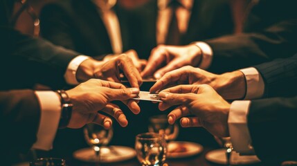 Networking event  professionals engaging and exchanging business cards for future opportunities