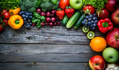 Organic fruits and vegetables arranged on a rustic wooden surface