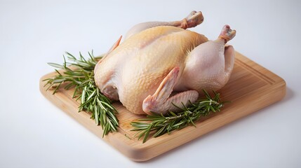 Raw whole chicken placed on wooden cutting board with fresh green rosemary sprigs around it food meat